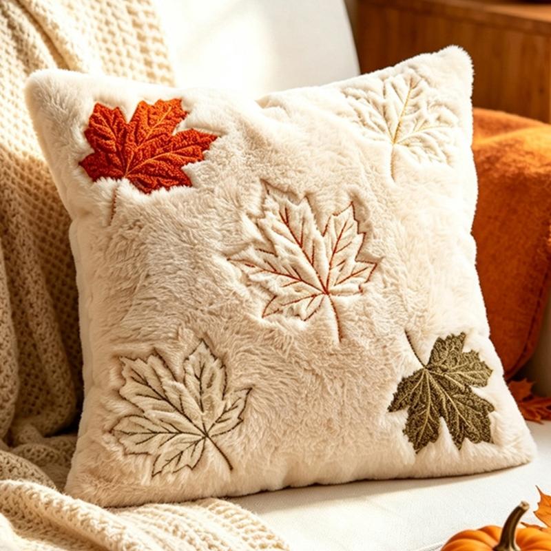 Thanksgiving Pillow Cover Maple Leaf Embroidered Plush Cushion Cover with Concealed Zippers for Indoor Decors Home