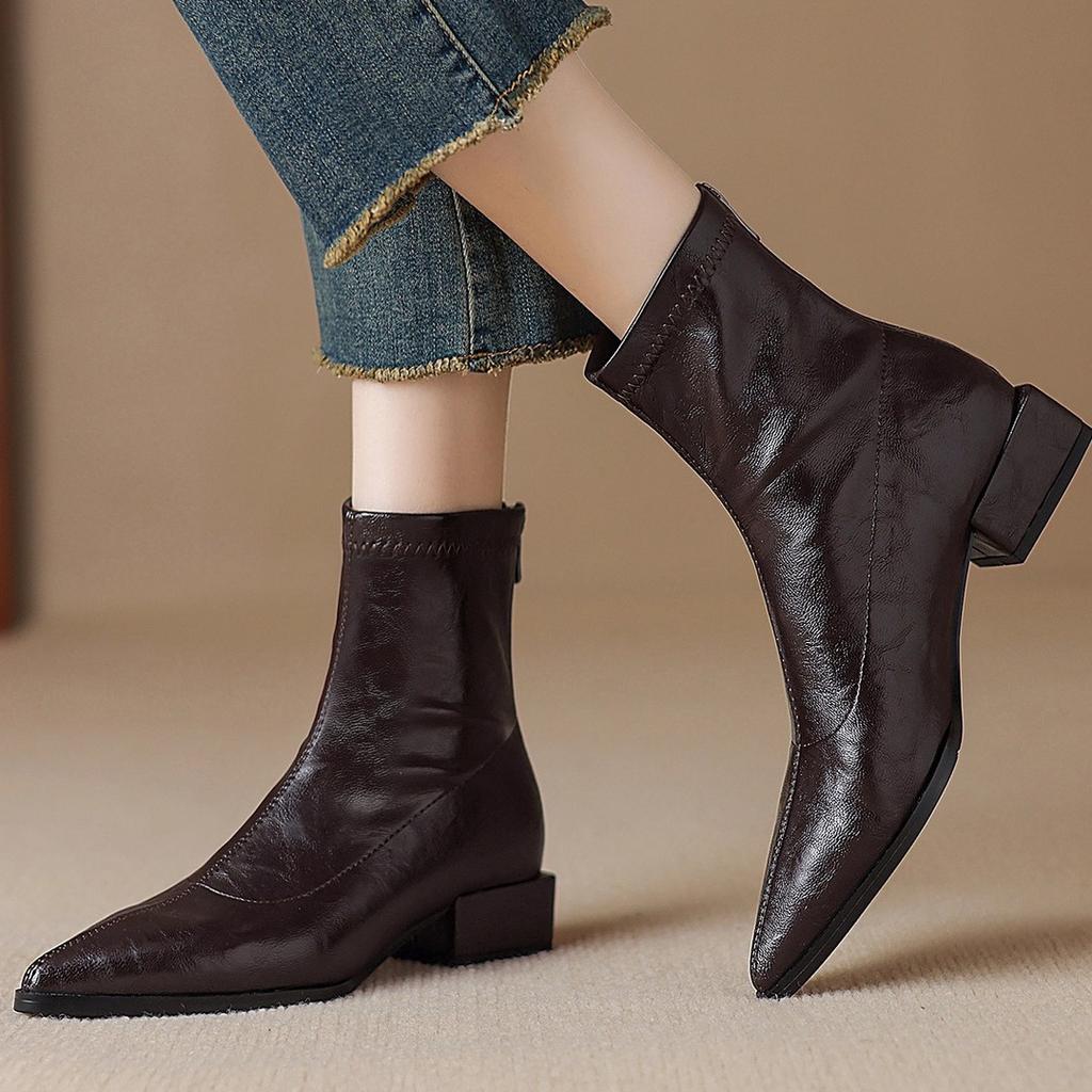 French pointed low heel brown elastic thin boots 2025 autumn and winter new thin short boots women's retro Chelsea boots