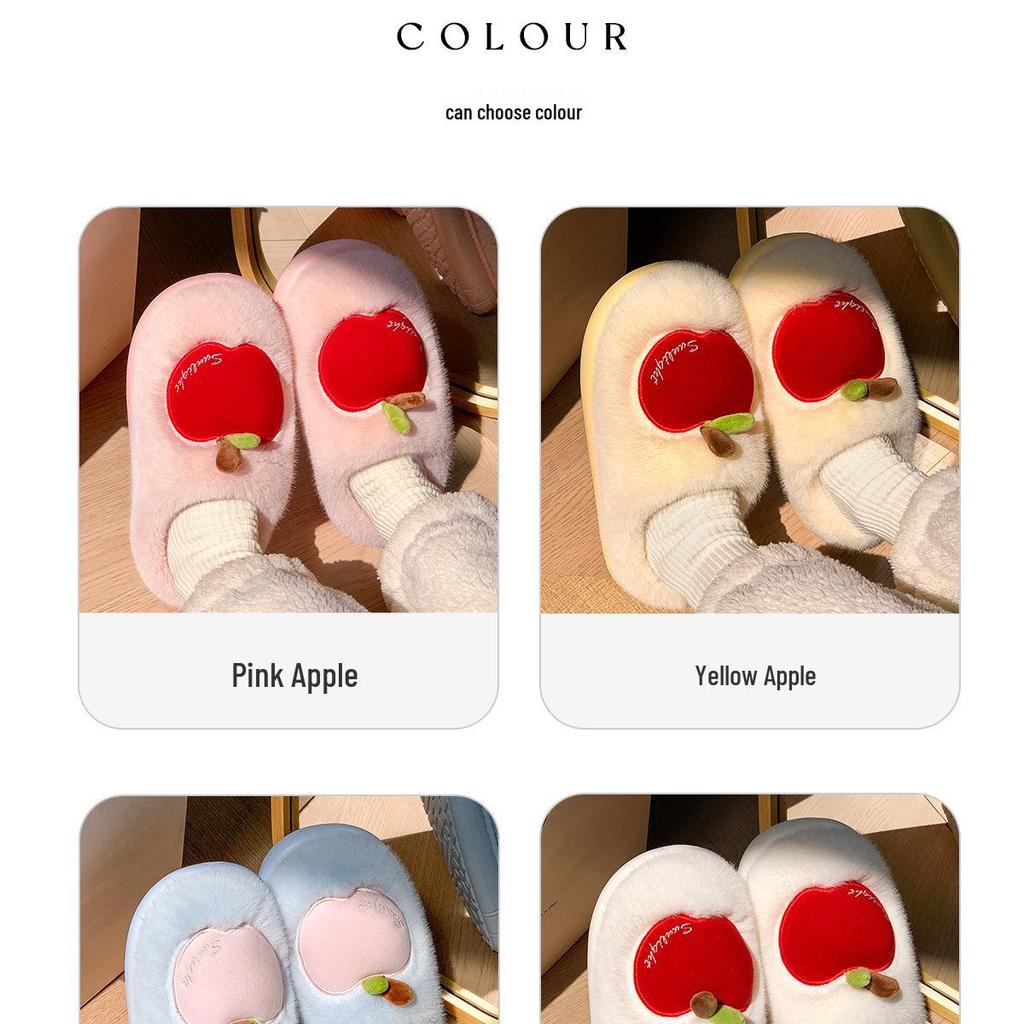 Women's Winter Plush Cotton Slippers - Cute Fruit Design, Cozy Velvet, Thick Sole, Couple-Friendly