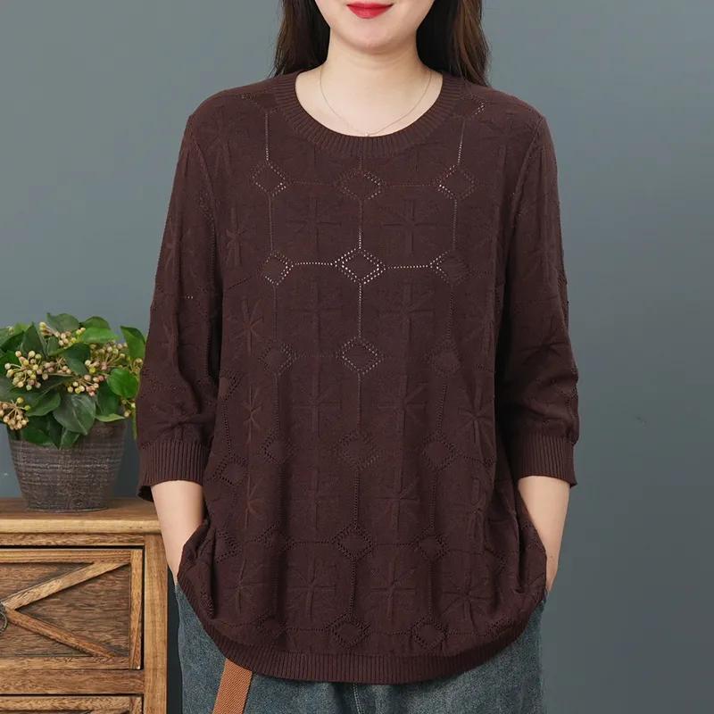 Autumn Round Neck Cotton Casual Loose Three-quarter Sleeve Knit Sweater Women Retro Literary Loose Thin T-shirt Women