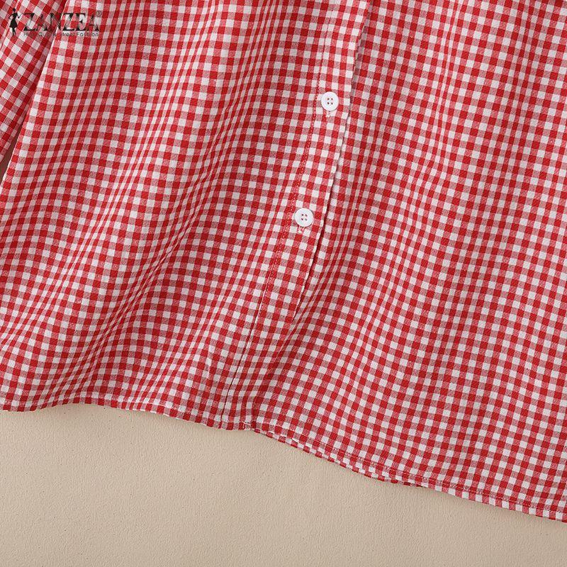 ZANZEA Women Casual Patchwork Round Neck Loose Long Sleeve Plaid Blouse