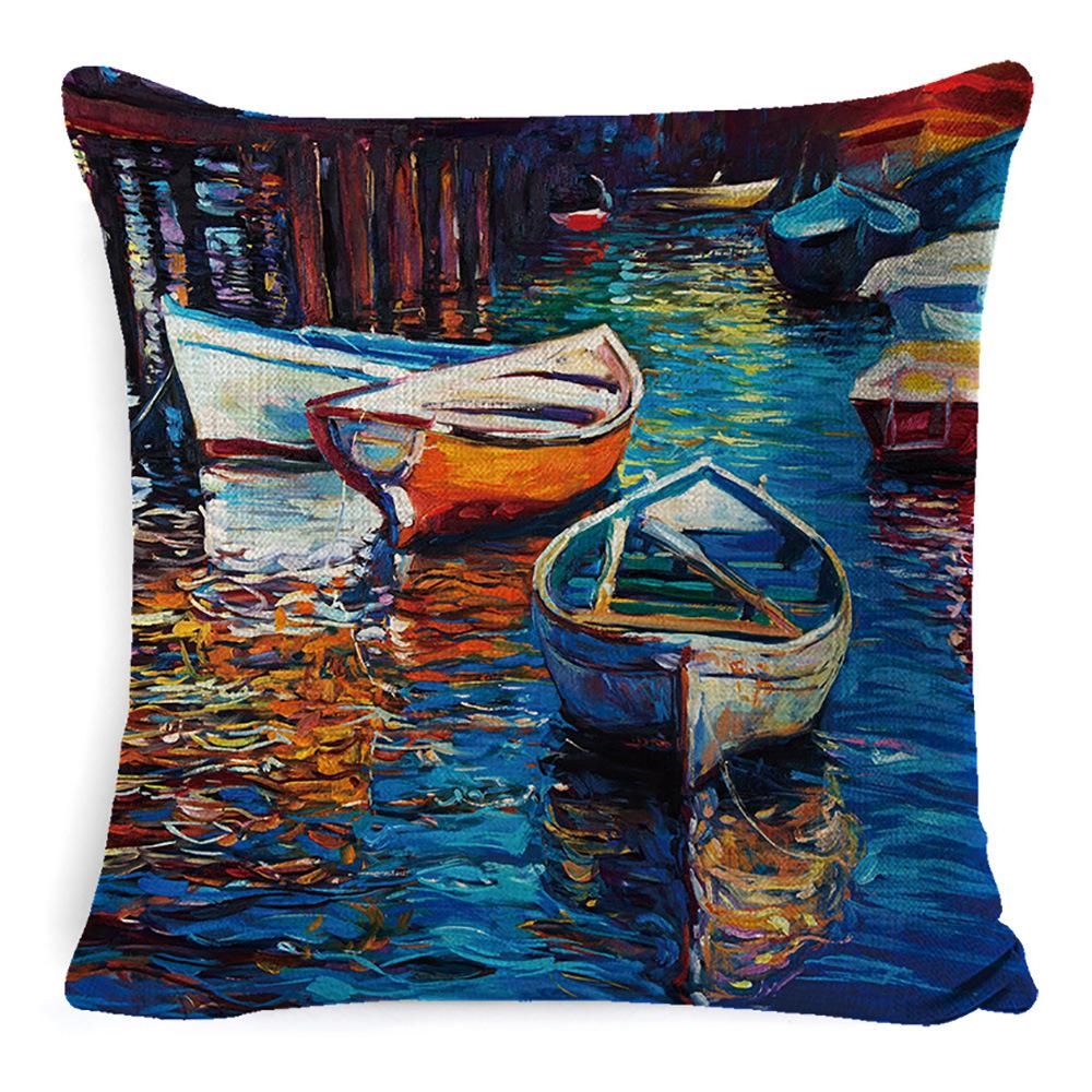 New Linen Pillow Cover Oil Painting Landscape Office Lumbar Pillow Cover Home Sofa Pillow Home Pillow