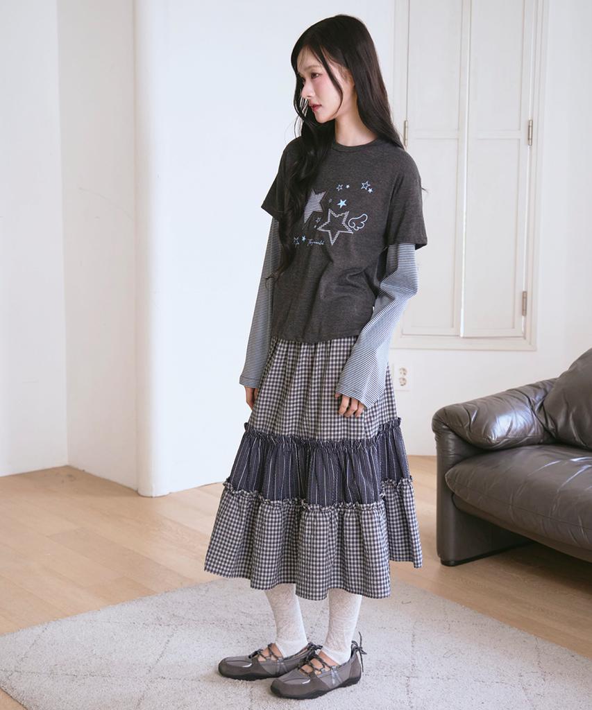 THE GREEN LAB Star Patch St Layered T-Shirt [Charcoal Gray]