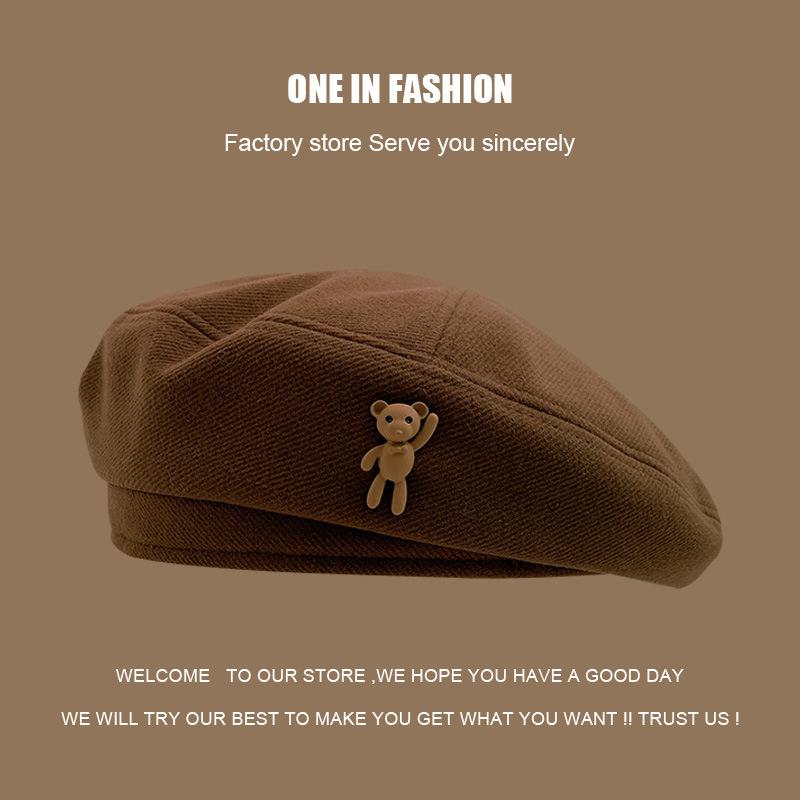 Women's Retro Japanese Cartoon Bear Wool Beret Hat