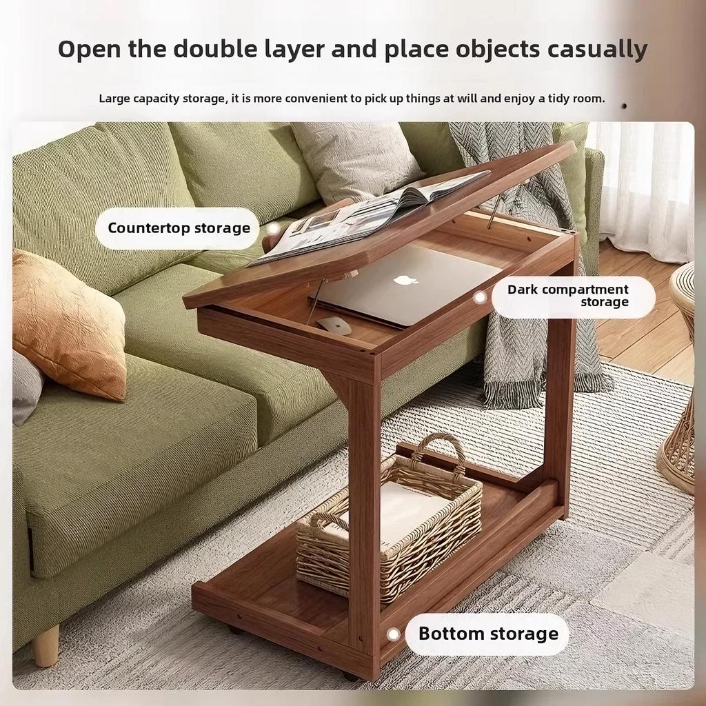 Height adjustable Solid Wood Side Table Sofa Bedside Laptop Desk For Living Room Bedroom Study Writing Book Shelf Organizer