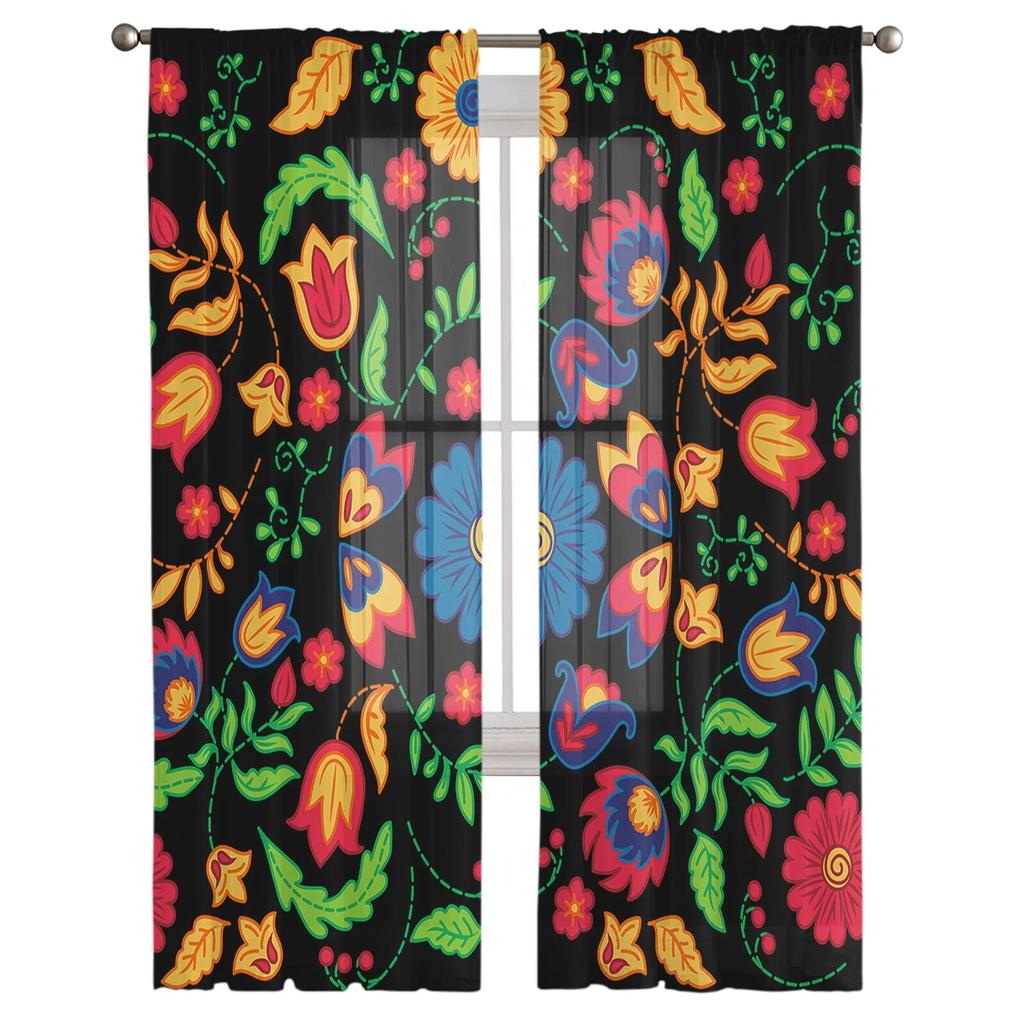 Mexican Festival Pattern Texture Bedroom Transparent Sheer Curtains Holiday Decoration Window Voile Tulle Curtain