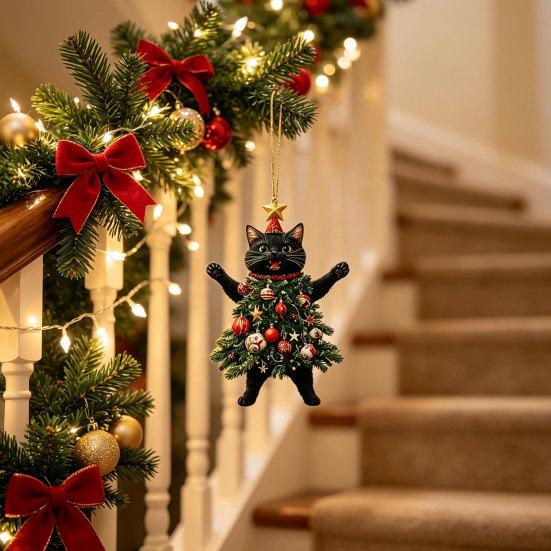 Cute Animal Tree Decor 2Pcs Christmas Cat Acrylic Ornament, 2D Flat Kitty Hanging Pendant with Holiday Party Supplies Santa Hat Decor, Car Rearview
