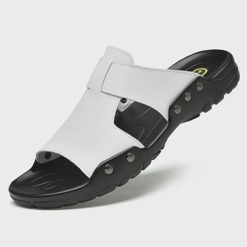 Men's Large Size Breathable Leather Sandals (Sizes 45-52) with Soft Soles, Wide Fit, and Flip Flop Style.