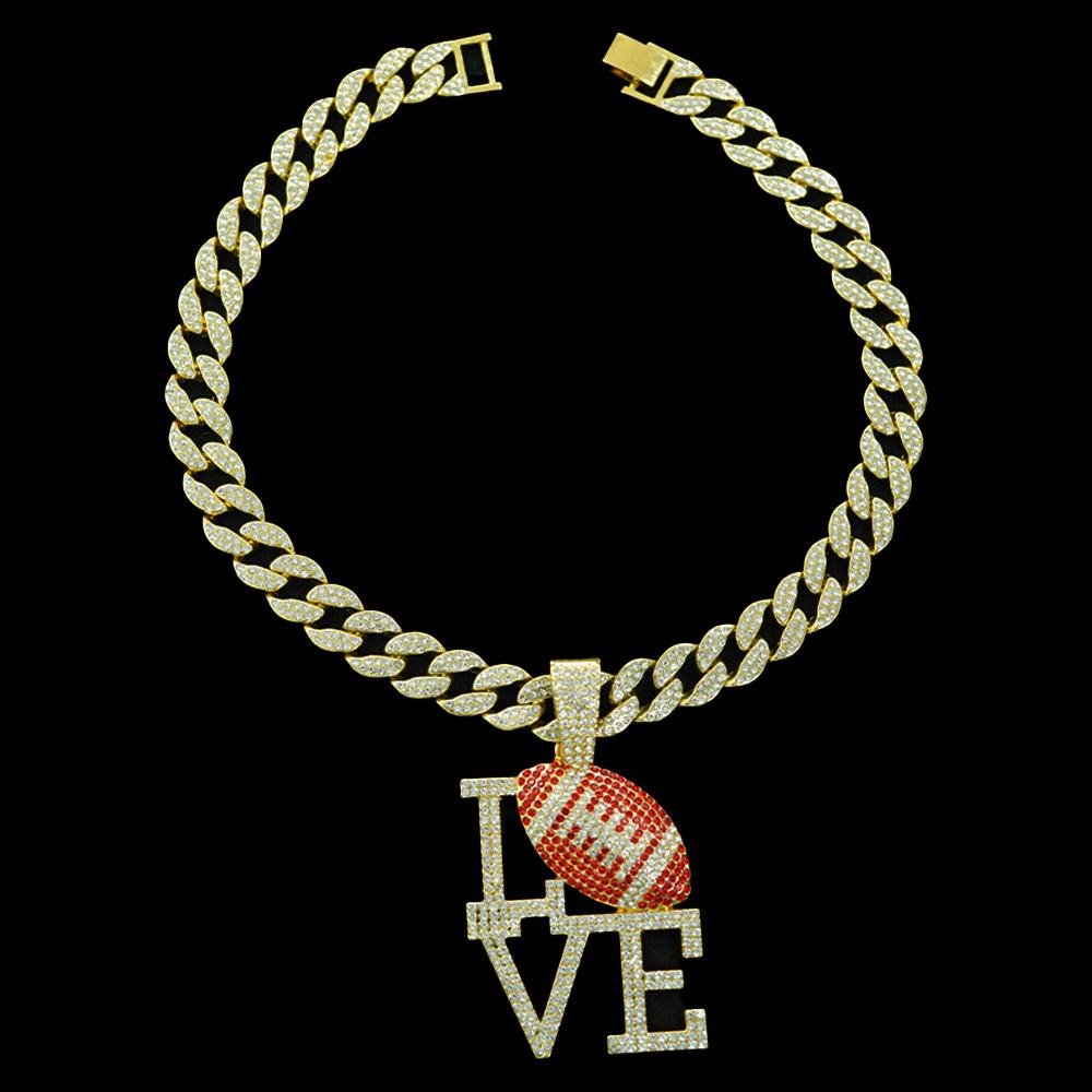 Fashionable Men's Colorful Diamond LOVE Rugby Alloy Pendant, European and American Hip-hop Men's Necklace, Personalized and Colorful