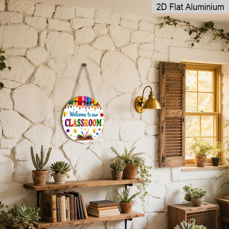 2D Plat Hangend Ornament, 1 stuks Yanlin Welkom op Onze Klaslokaaldeur - Kleurrijke Kleurpotlood En Schooldecoratie, Met Letters, Sterren En Licht