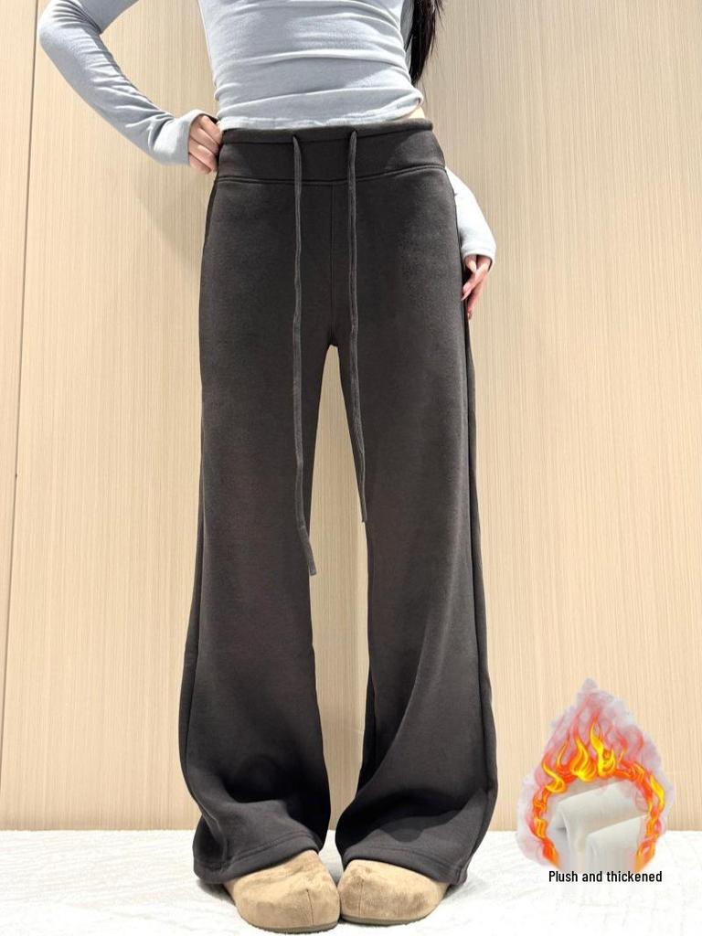 Coffee-Colored Wool-Blend Wide-Leg Velvet Pants for Women - 2025 Autumn/Winter Collection.