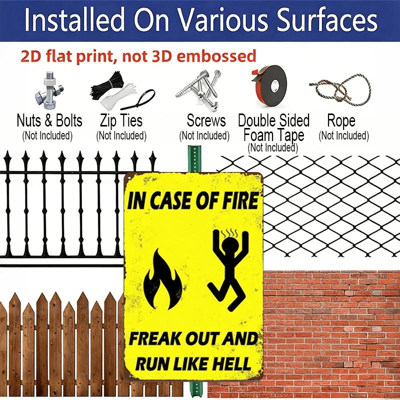 2D Flat - 1pc Vintage "Freak Out and Run Like Hell" Metal Sign - 8x12 Inches, Yellow with Black Text & Fiery Design, Retro Wall Decor for Home, Bar