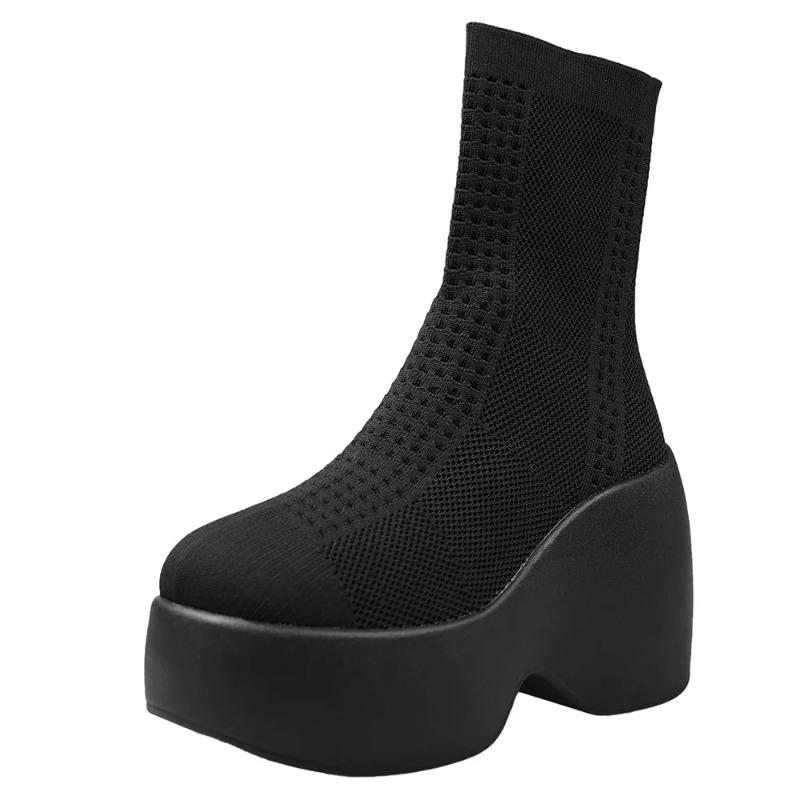 Robustní Pletené Strečové Kozačky na Platformě Gotické Klínky Dámské Kotníkové Boty Punkové Nazouvací Ponožkové Kozačky Zimní Trendy Dámské Boty