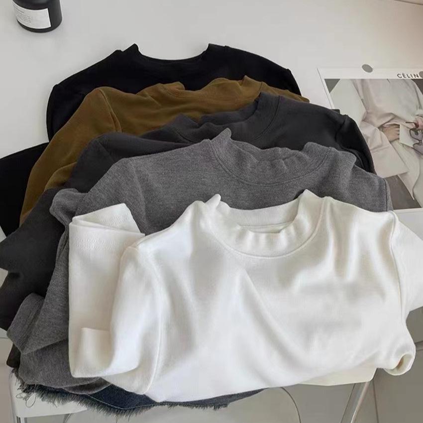 Women's Short-Sleeve, Half-High Collar Brushed T-Shirt - Chic, Thickened Base Layer