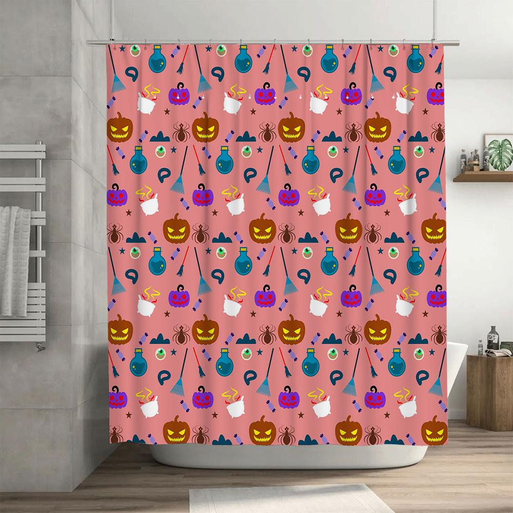 Halloween-Themed Shower Curtain Featuring Pumpkins, Brooms, Spiders, And Witches Hats In Pink Background With Colorful Patterns
