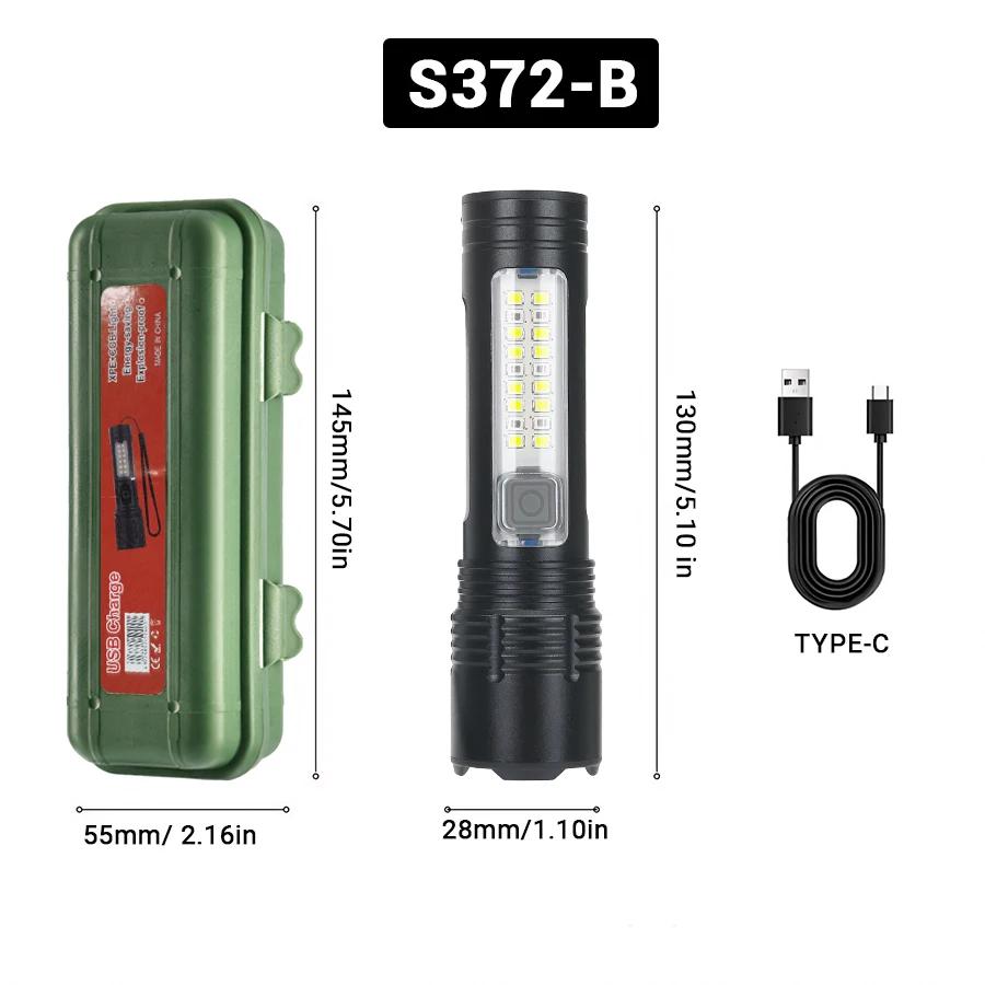 High Power LED Flashlight with Side Light Built-in 18650 Battery Telescopic Zoom Portable Torch Outdoor Riding Camping Lantern