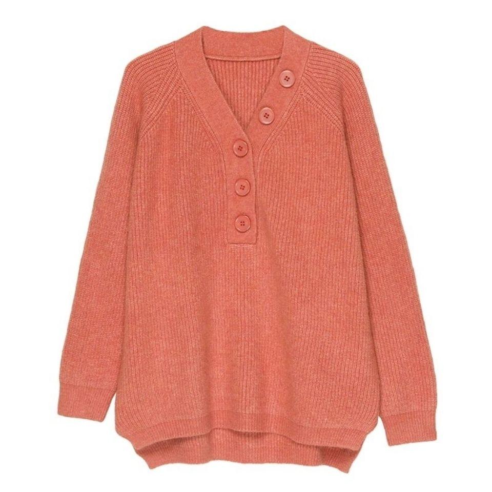 Spring and Autumn Women's V-Neck Sweater Loose Plus Size Knit Sweater Split Pullover Knit Tops Jumper
