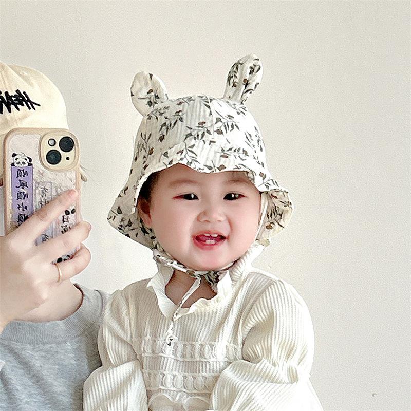 Baby Hat Spring and Autumn Small month old Cute Rabbit Ear Cotton Yarn Drawstring Hat Autumn Boy and Girl Super Cute Fisherman Hat