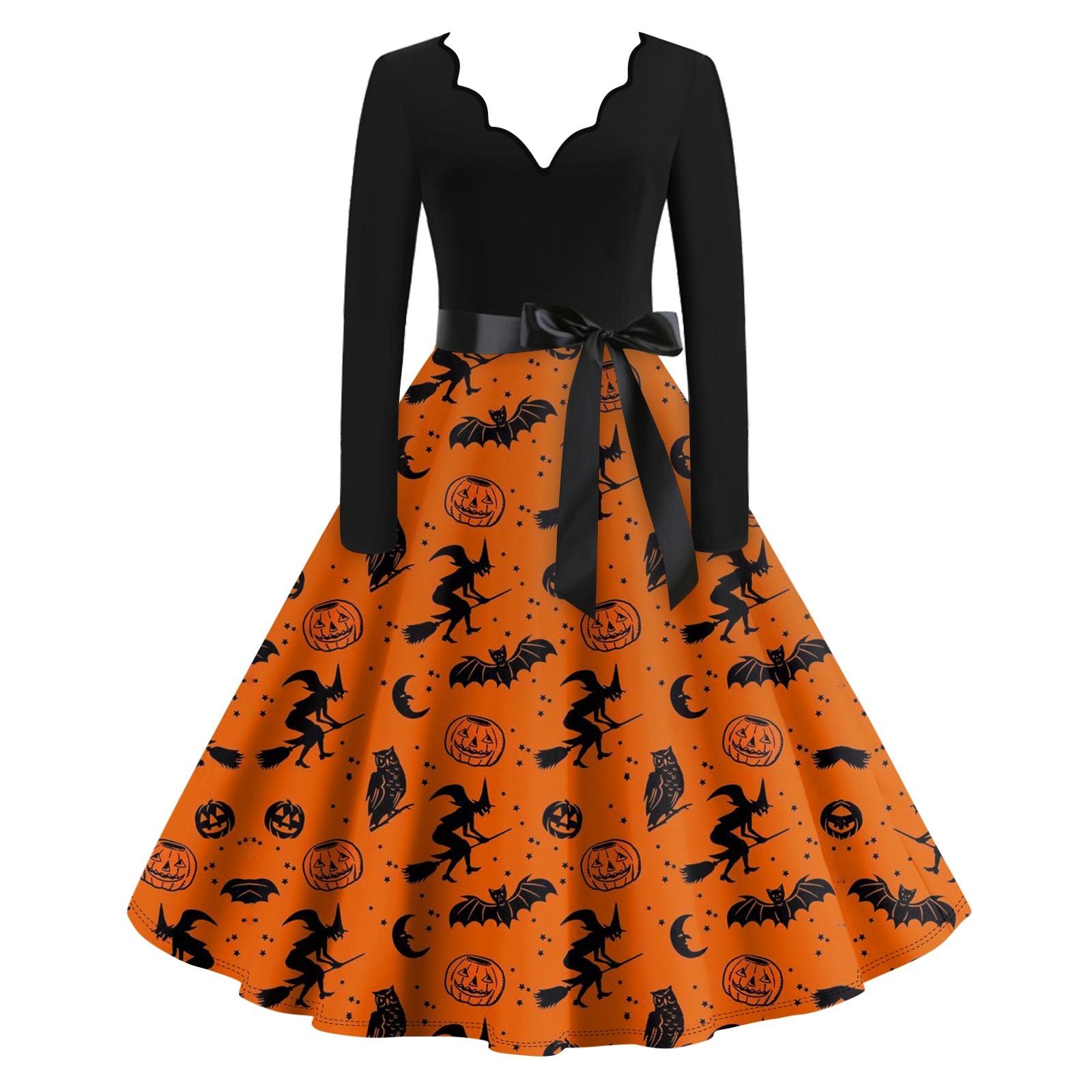 

Расклешенное платье с принтом Хэллоуина для женщин Платье с длинным рукавом Повседневные платья XXXL красный