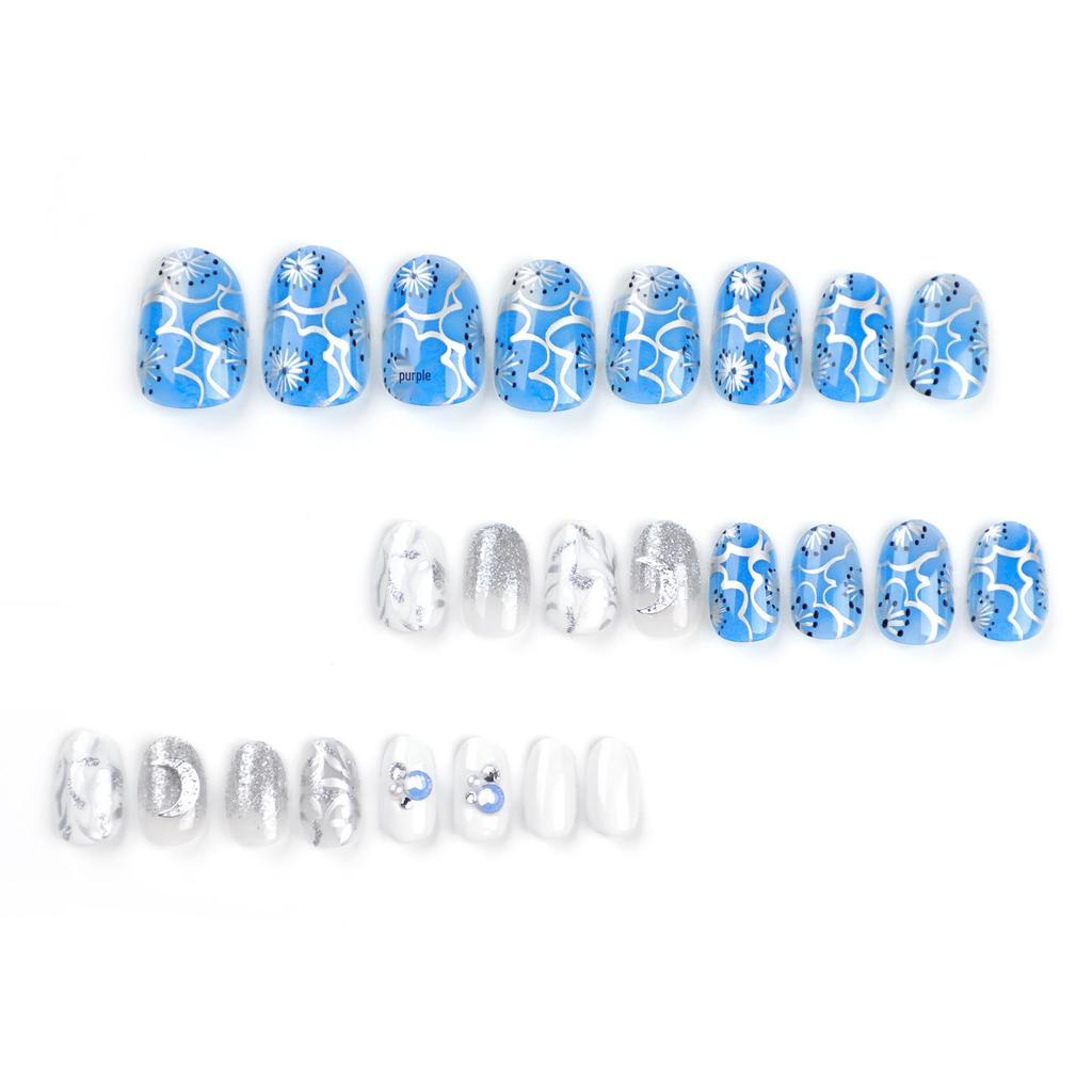 Star & Moon Glitter False Nails: Short Round Manicure Stickers