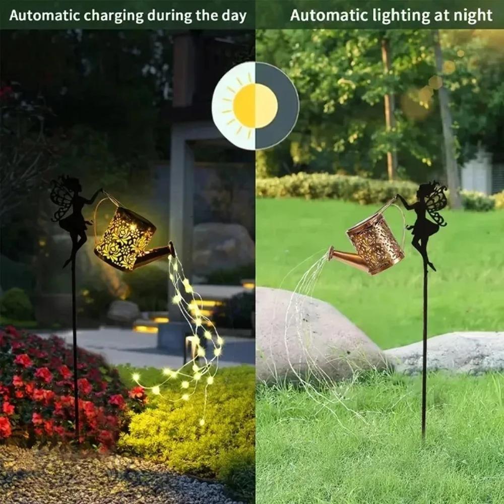 Outdoor Solar Watering Can Lights, Waterfall LED String Fairy Lights, Garden Kettle Projection Decorative Lights