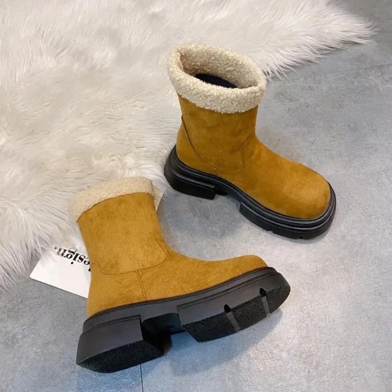 2025 New Thick Soled Women's Ankle Boots Winter Comfort Fluffy Short Boots Mid Heel Platform High Top Plush Warm Women's Shoes