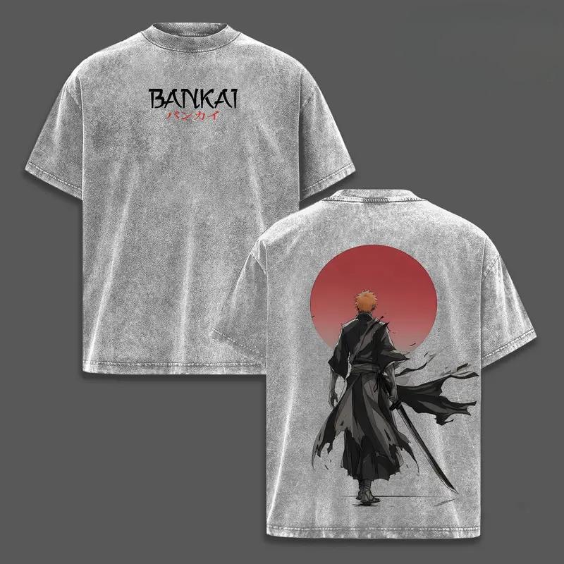 Anime BLEACH Kurosaki Ichigo Printed Tee Men Women Washed Cotton T-shirts Short Sleeve Vintage T Shirt Harajuku Unisex Tshirt S серый