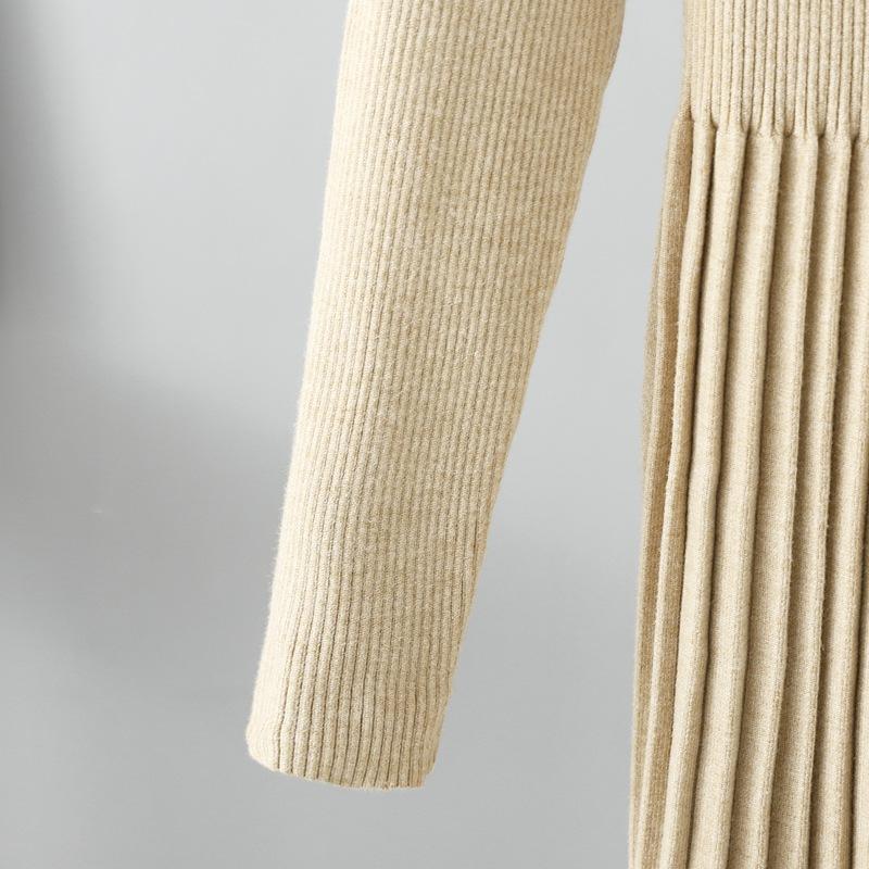 Women Autumn Winter High Neck Solid Color Long Sleeve High Waist Thicken Pleated Knitted Sweater Dress