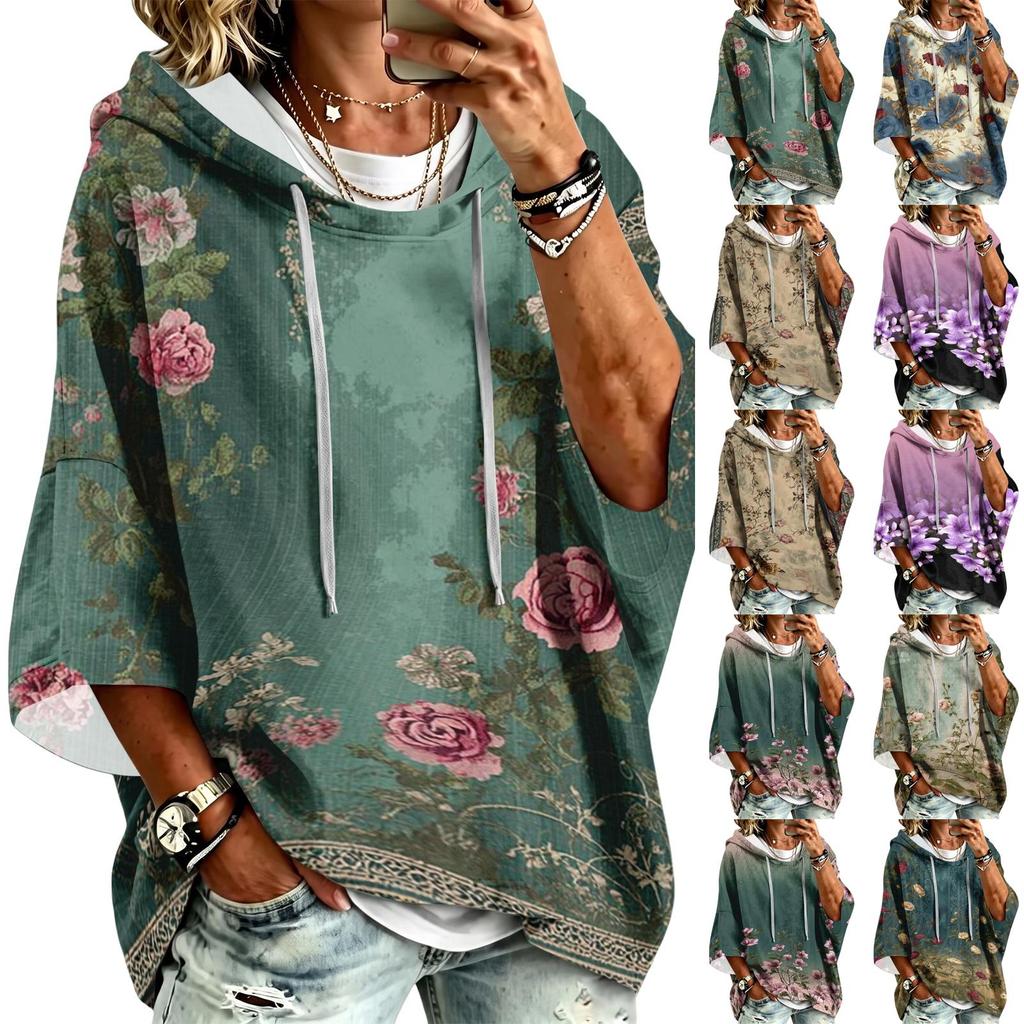 Women's Vintage Floral Print Hooded Pullover -Quarter Sleeve Blouse for Casual Wear