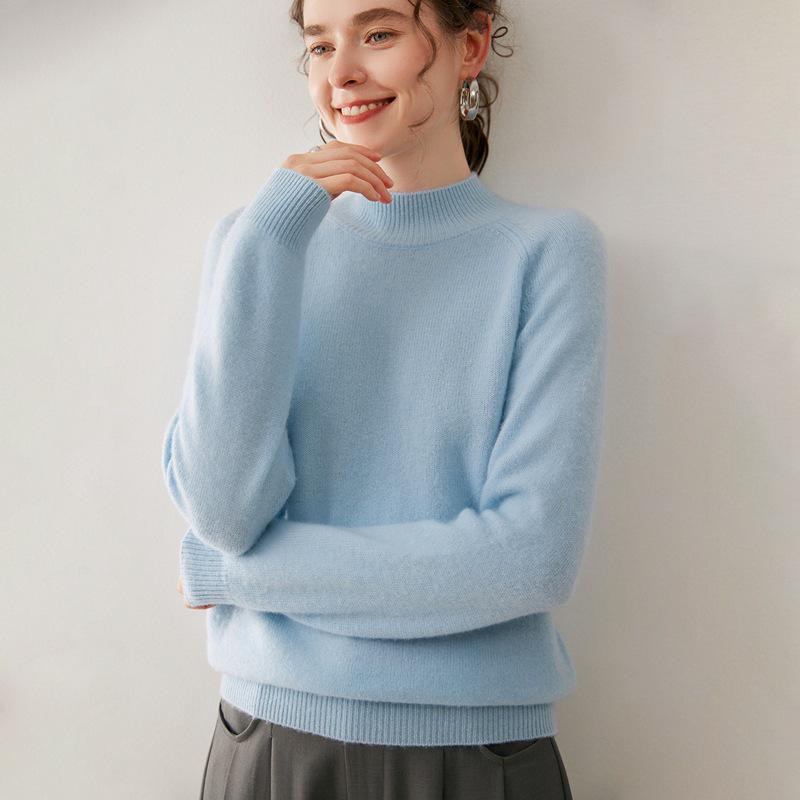 Women's Cashmere Double-Ply Thick Knit Sweater - Half-High Neck, Drop Shoulder, Versatile Solid Color, Autumn/Winter Warm Base Layer