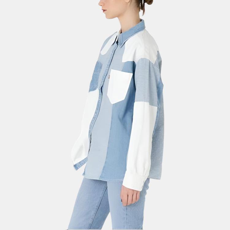 Levis Loose Fit Color Block Pointed Collar Single Breasted Long Sleeve Shirt Women Shirts Light-Indigo A5974-0001