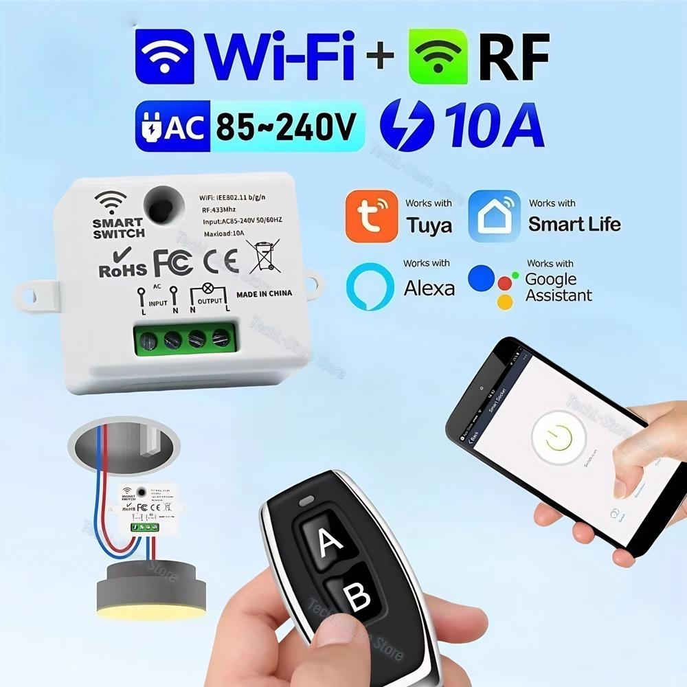 Interruttore Ricevitore Intelligente con Telecomando RF 10A AC 85-240V RF+WIFI Mini Interruttore Luce 433Mhz Telecomando Wireless + Controllo APP Modulo Smart Life Casa