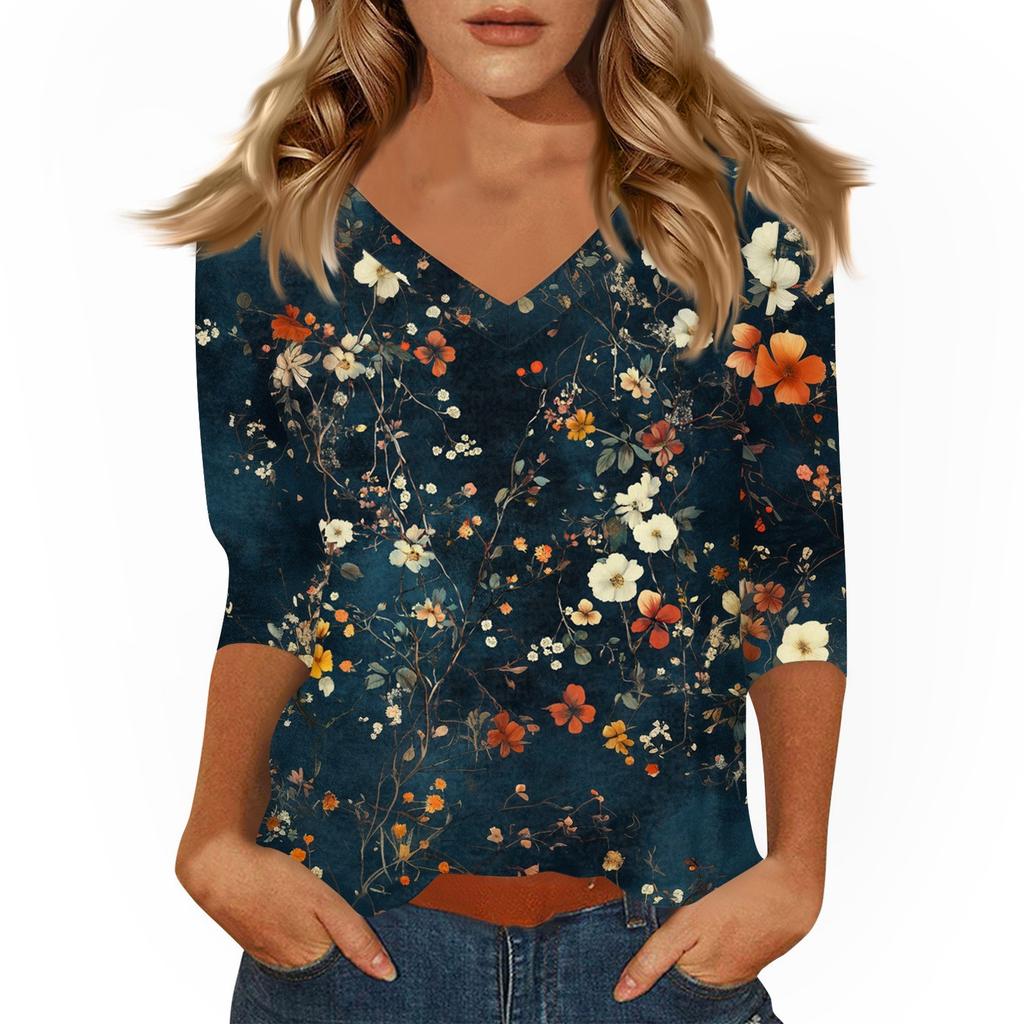 Women's Tops Three-quarter Sleeve Shirt V-neck Loose Casual Shirt Print T-shirt