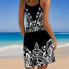 Women Plus Size Sleeveless Round Neck Dress Black Base Light Pink Palm Leaf Print Irregular Hem Loose Beach Dress