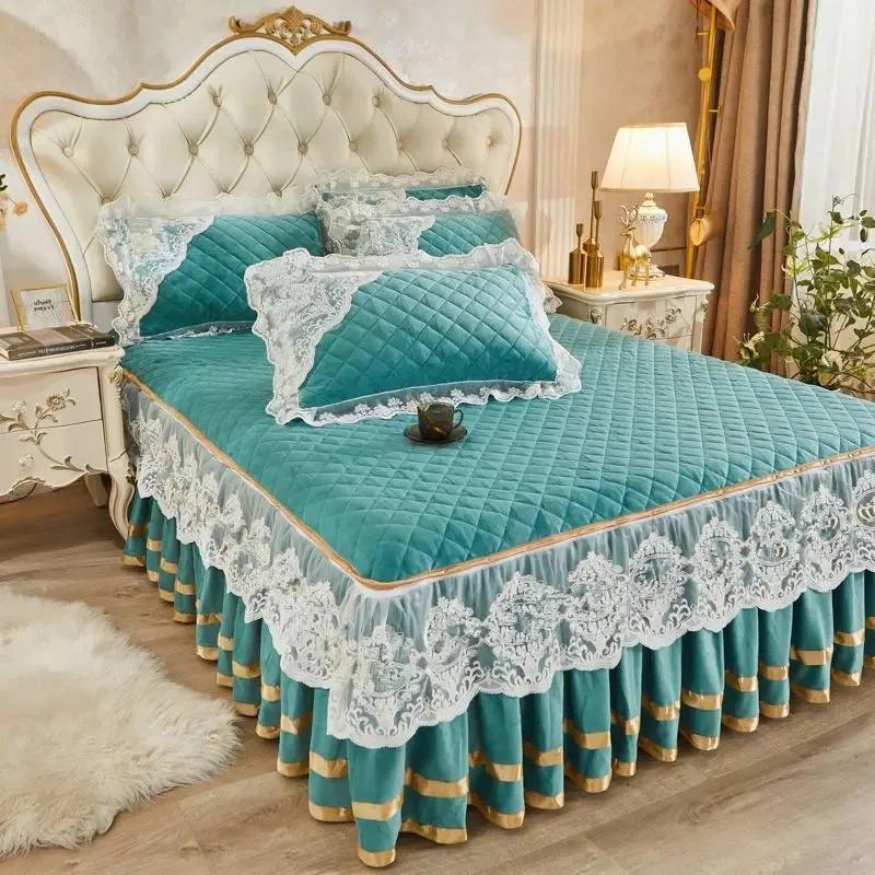 

Осенне-зимняя теплая флисовая юбка-кровать, цельная хлопковая подкладка, утолщенное покрывало на кровать, кружевное нескользящее покрывало в стиле принцессы 150x200cm