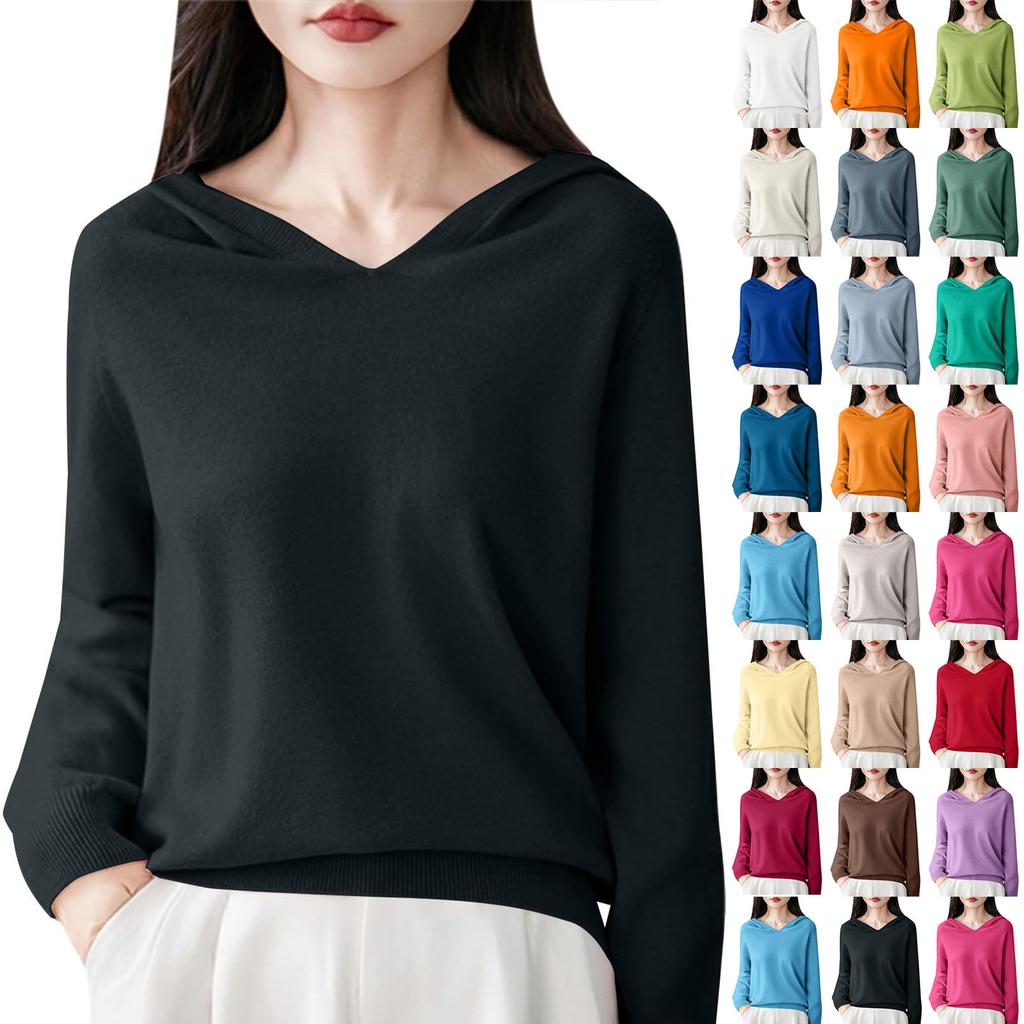 Women's Fashion Long-Sleeved -Colour V-Neck Hooded Knitted Sweater Warm Sweatshirt Knitwear