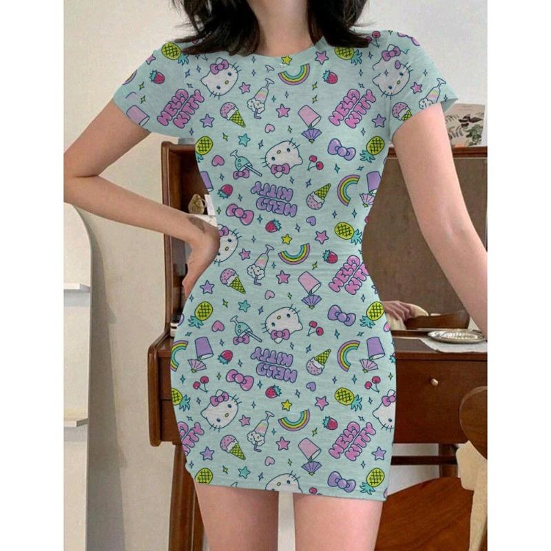 Y2k Fashion Women's 2024 Summer Sexy Tight Mini Dress Party Hello Kitty Printed Loose Short Dress