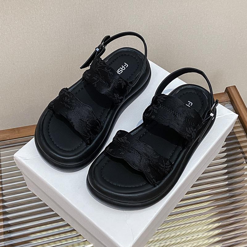 

Versatile sports sandals beach casual women s sandals muffin bottom one-word buckle mid-heel open-toe fashion women s shoes 35 чёрный