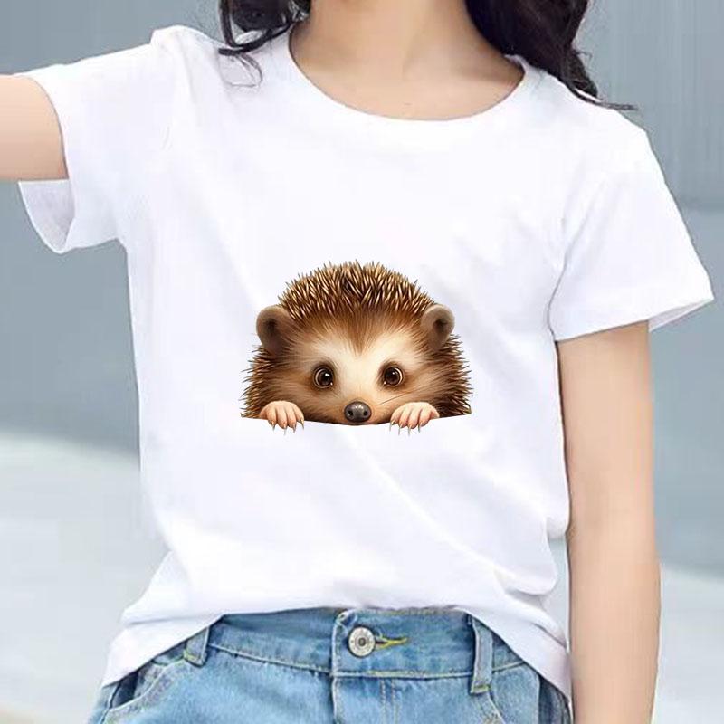 Kids Cotton T Shirt Cute Peeking Hedgehog Print Crew Neck Short Sleeve Tee Casual Breathable Boys Girls Summer Tops