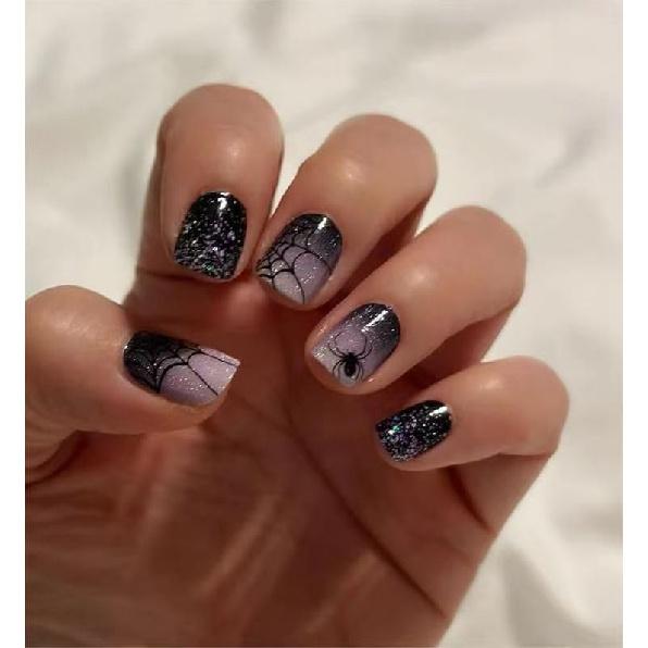 Press on Nails Halloween Square French Tip Fake Nails Mummy and Cobweb Designs Stick on Nail Nude Color Acrylic Nail Halloween Glue on Nails Full
