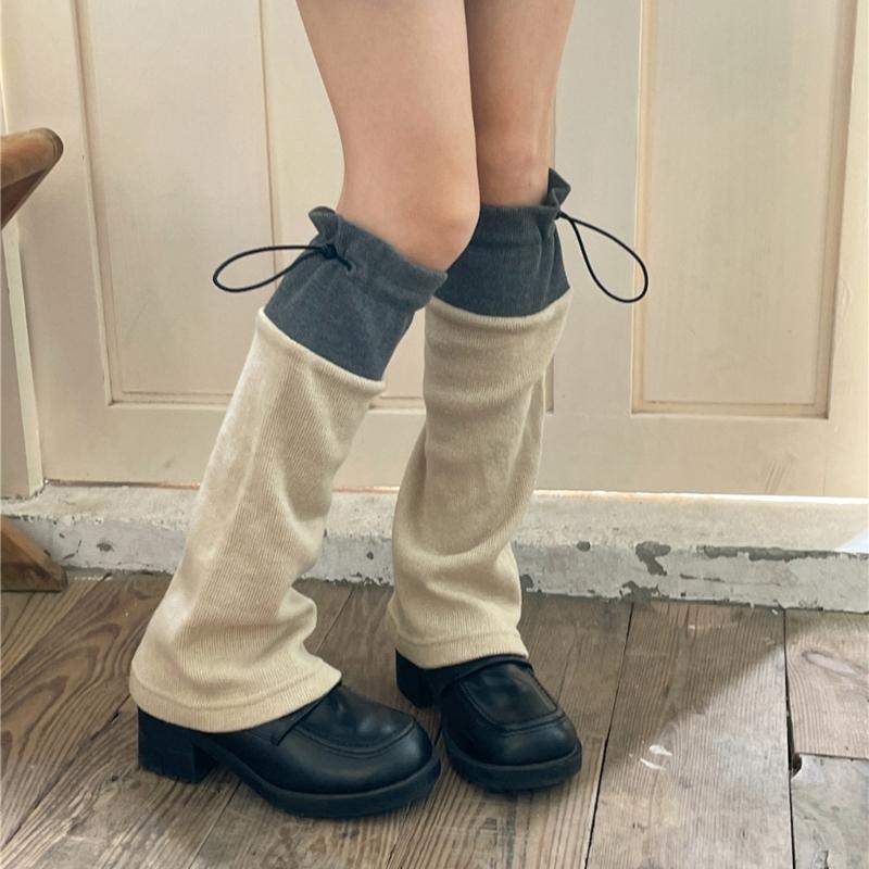 Winter Autumn Knitted Drawstring Leg Warmer Gothic Colorblock Foot Covers Flared Hem Loose Knee High Socks for Women