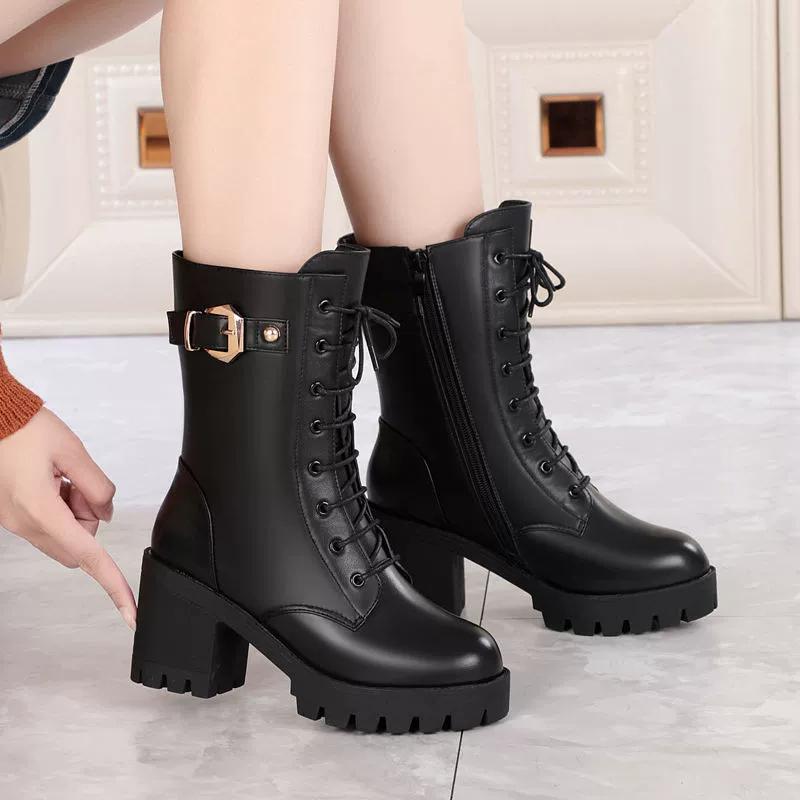 Autumn and Winter Winter High-heeled Pu Leather Women Winter Boots Thick Wool Warm Women Boots High-quality Female Snow Boots