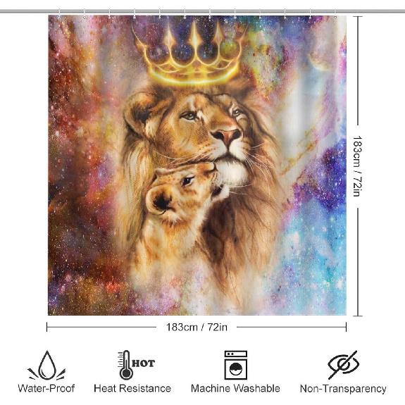 Rustic African Lion 4 Pcs Waterproof Shower Curtain Set,Summer Tropical Jungle Wildlife Lion Father and Son with Waterproof Toilet Cover Shower Mat