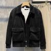 Korean Style Men's Corduroy Jacket - Solid Color, Warm, Lapel, with Large Pockets