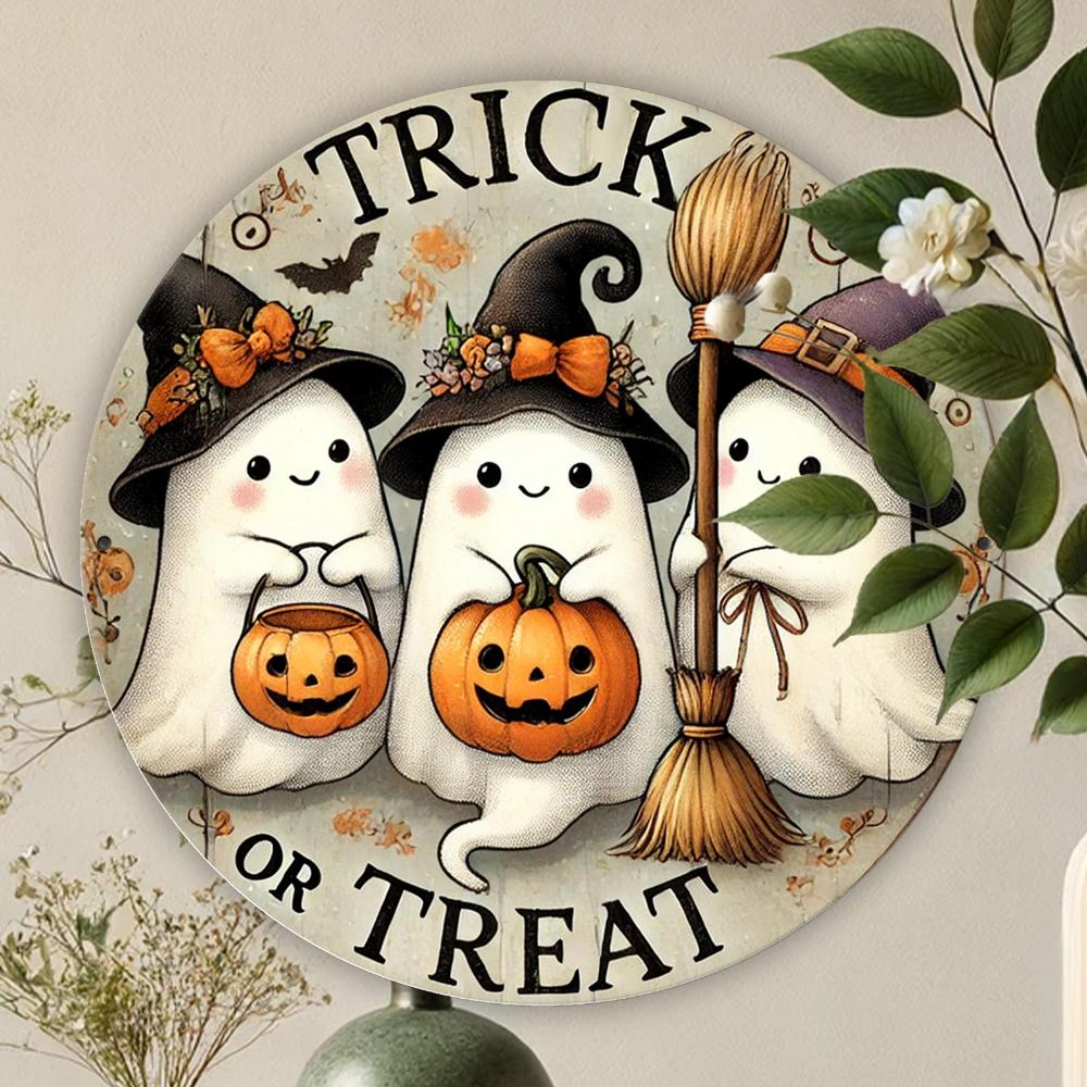 Vintage Halloween Rund Metallskylt Girland - "Bus eller godis" Spökdesign för Hem, Kök, Trädgård, Verandadekoration