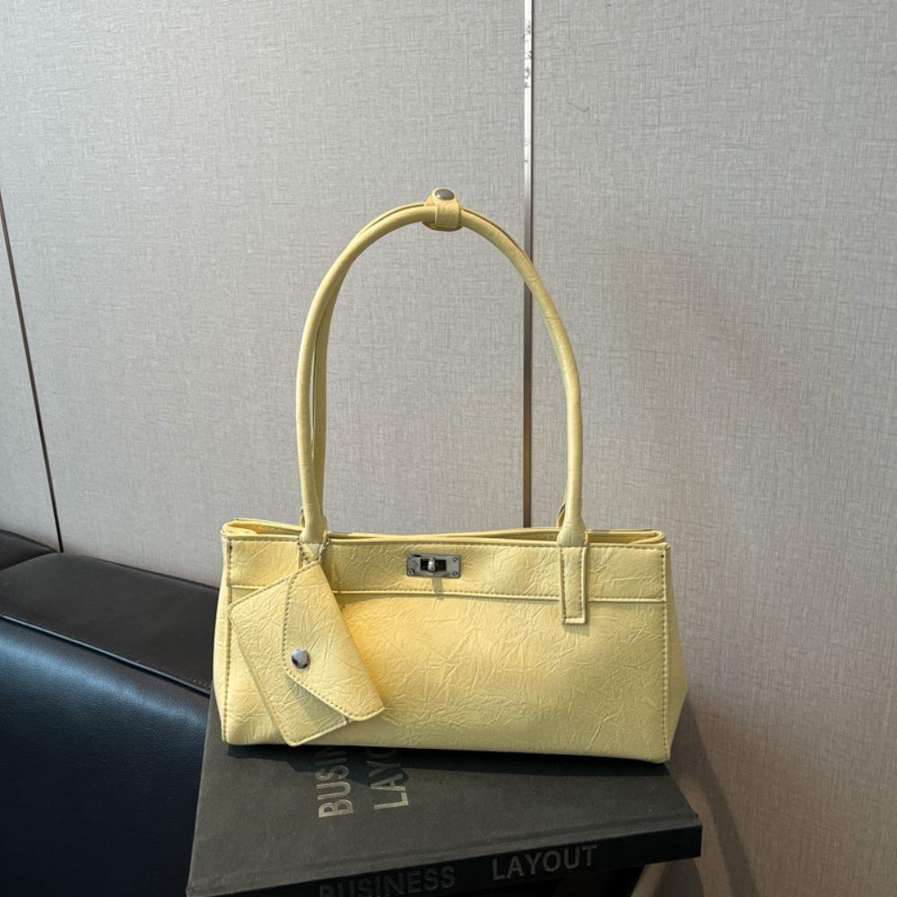 

Sweet French Stick Handbag Bow Ribbon Texture Underarm Bags Portable PU Shoulder Bag Women Yellow No Pendant