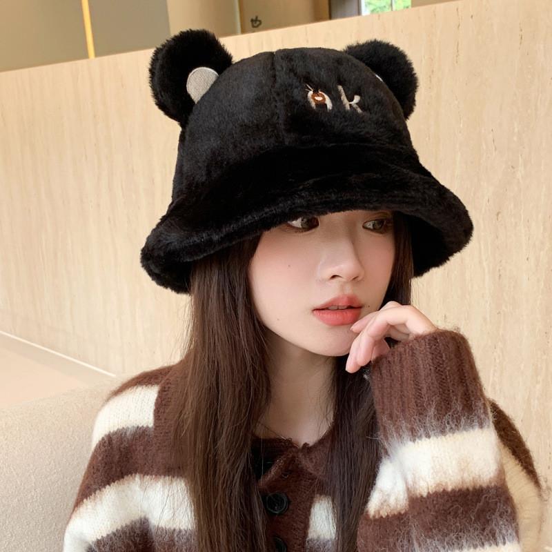 Ok Ear Bear Letter Embroidery Plush Fisherman Hat Bucket Cap Protection Sun