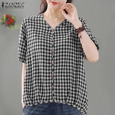 Women Casual V-neck Plaid Print Short Sleeve Blouse