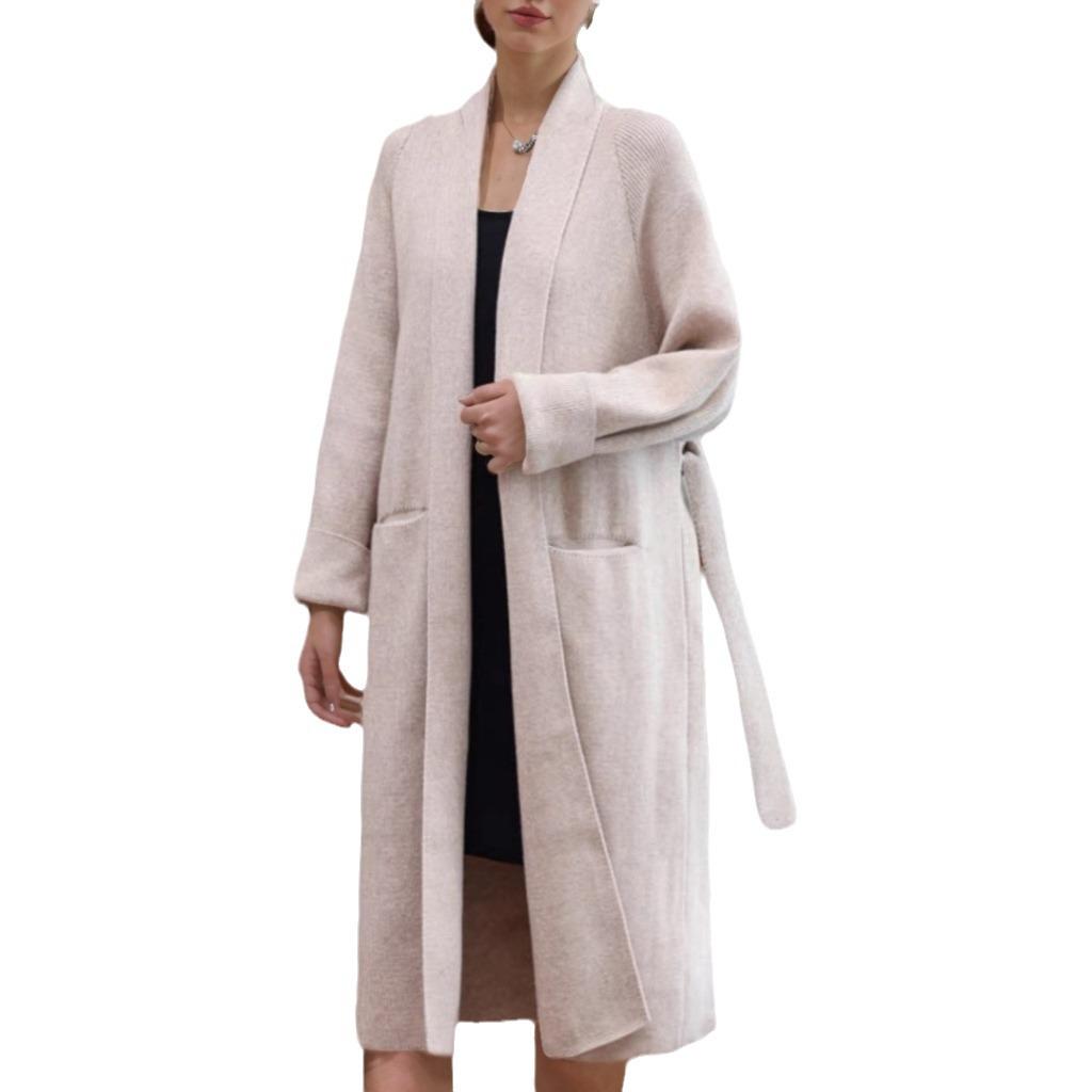 Women's 2024 Autumn/Winter Casual Long Knitted Cardigan Sweater Coat with Lace-Up Design