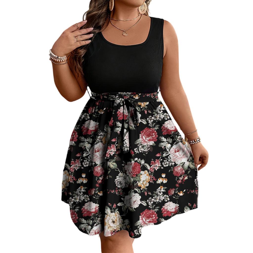 Women's Fashionable Casual Color Blocked Printed Sleeveless Waist Dress In Large Size